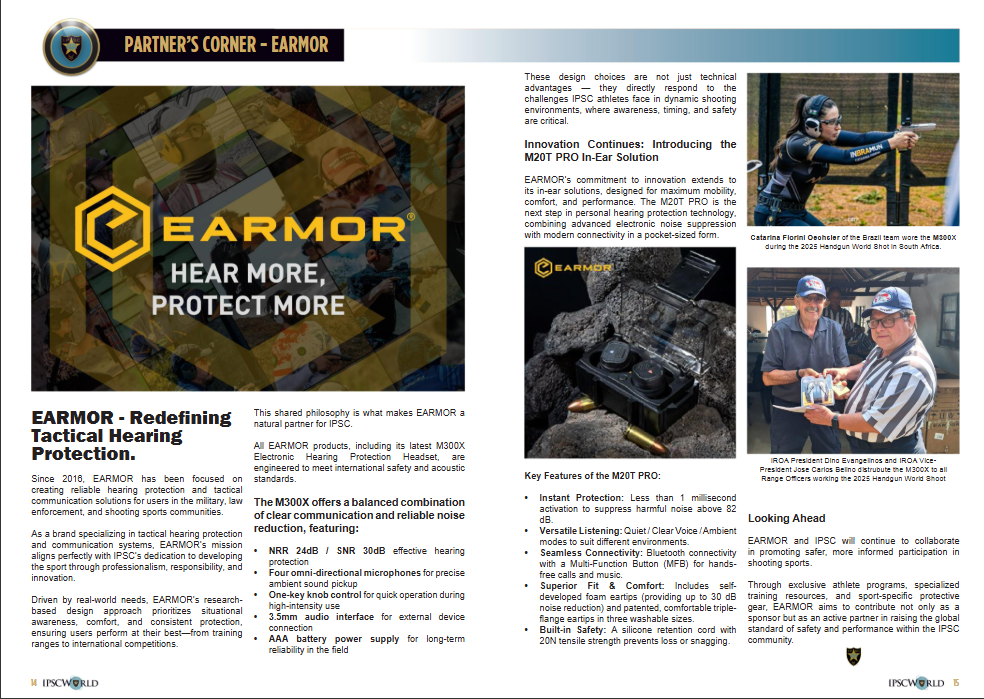 "EARMOR M300X tactical headset and M20T Pro earbuds featured in IPSC World Magazine.
